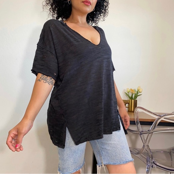 Free People Women’s S Black Semi Sheer Distressed Deep V Neck Oversized T Shirt - Picture 1 of 9